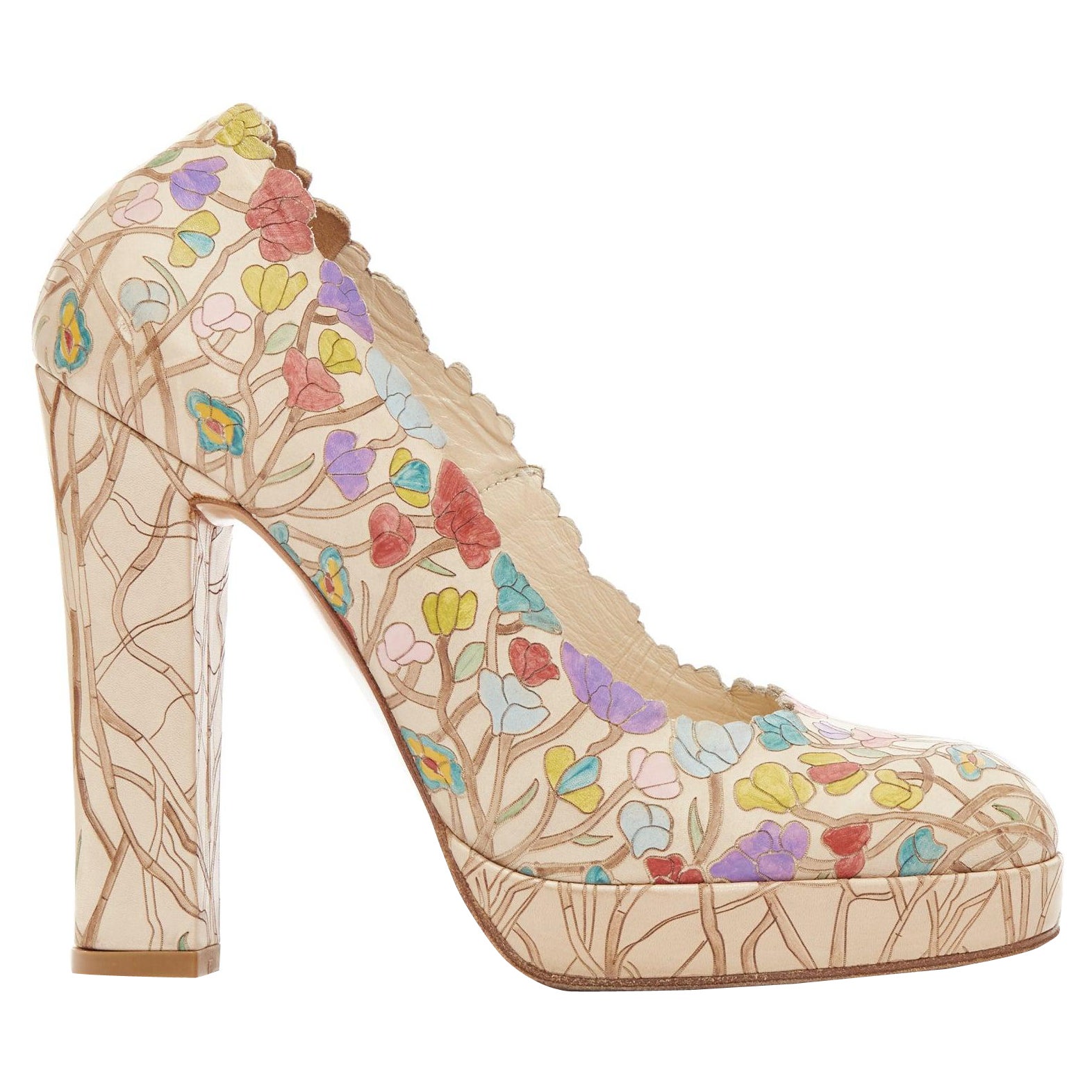 BIBA Vintage brown floral illustration scalloped round toe platform pump EU37 For Sale