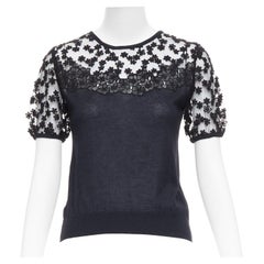 GIAMBATTISTA VALLI black cashmere silk floral sheer lace panel sweater IT38 XS