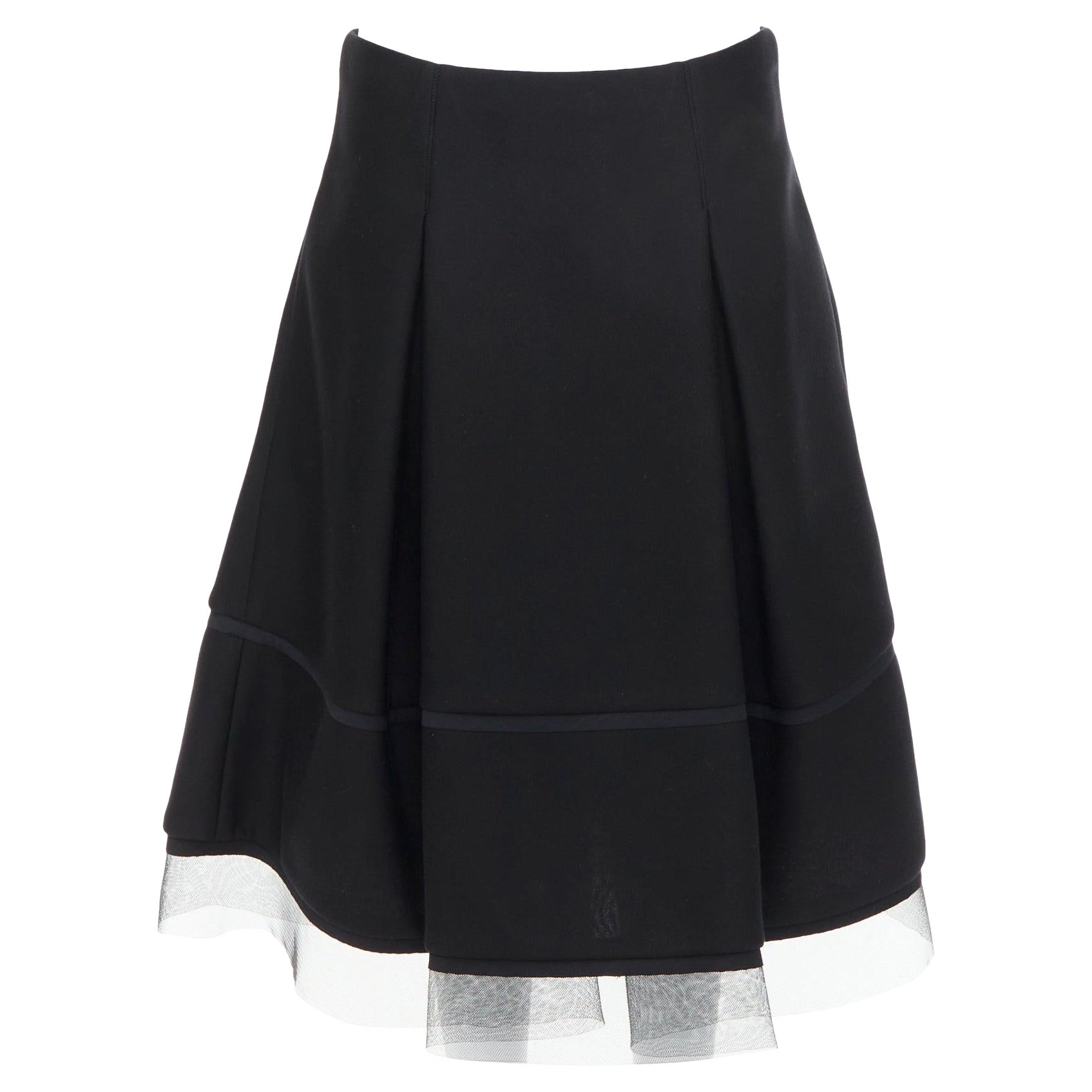 DONNA KARAN gonna a ruota in scuba nera, plissettata e con rifiniture in tulle a rete FR40 L.