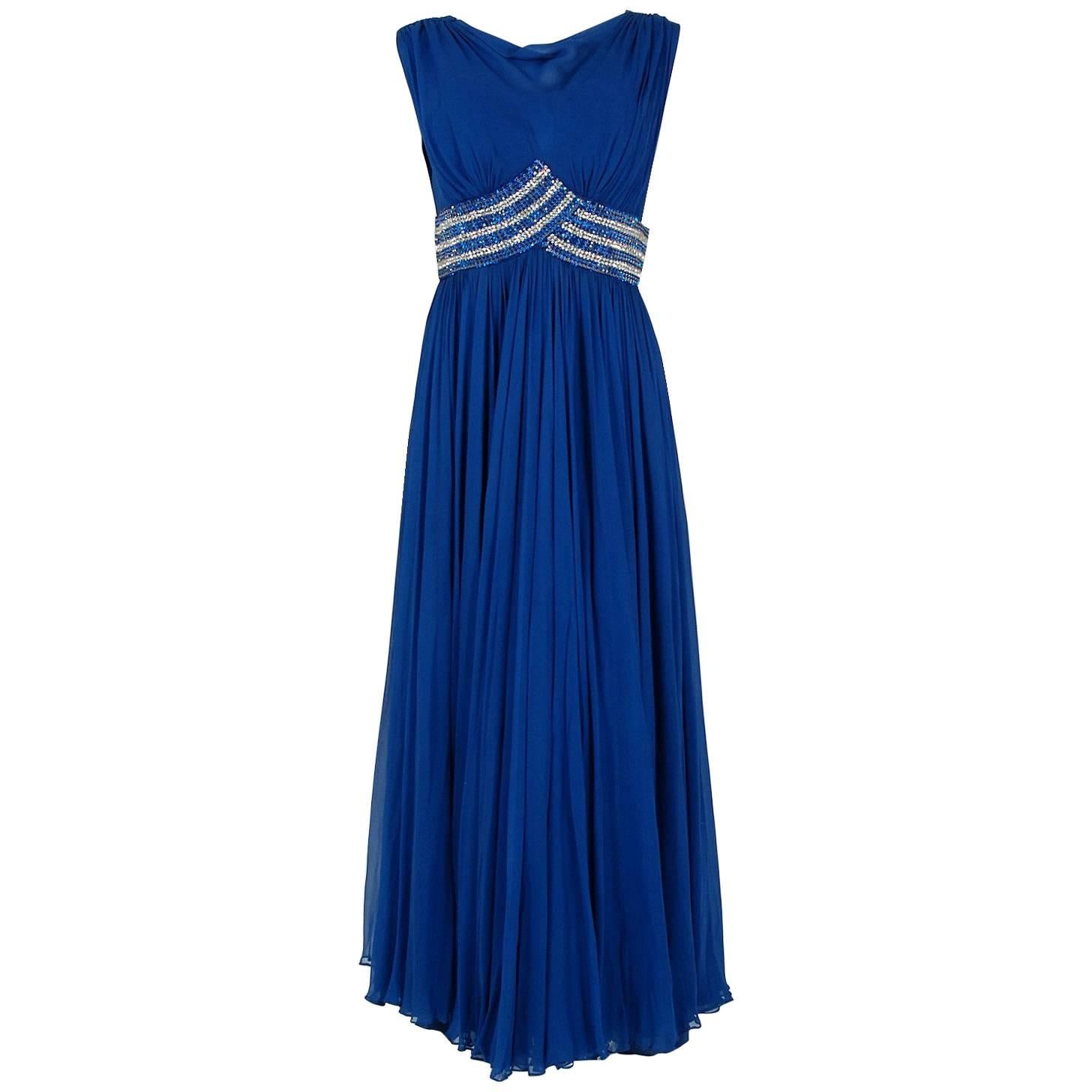 1960's Bob Bugnand Sapphire-Blue Draped Silk Chiffon Rhinestone Goddess Gown 