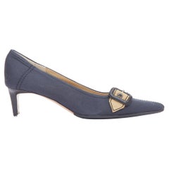MIU MIU Vintage navy fabric nude buckle strap kitten pumps EU36.5