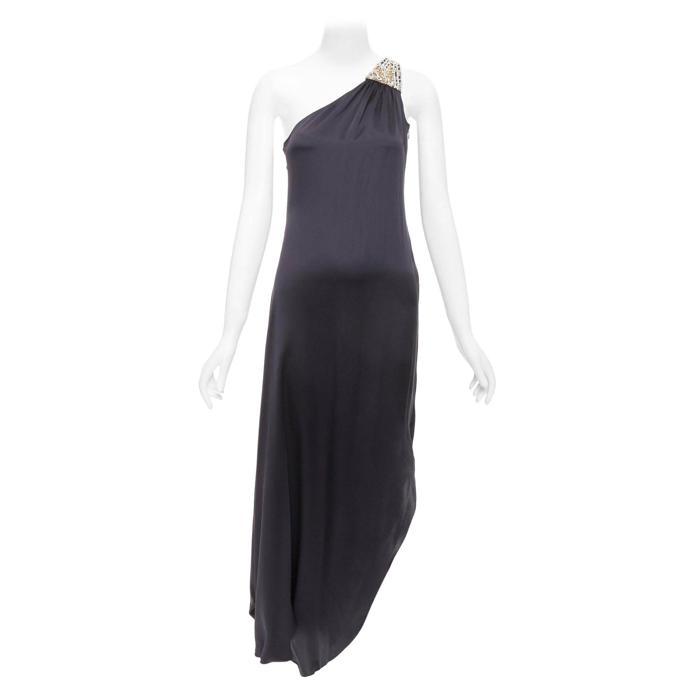GIVENCHY 100% silk black leather pearl embellished one shoulder dress FR38 M For Sale