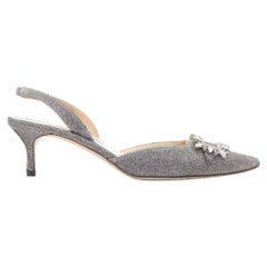 MANOLO BLAHNIK Tonoslac Metallic Silber Stoff Kristall Schnalle Sling Absätze EU39