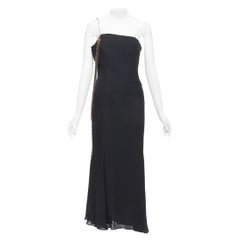 TODD OLDHAM Vintage black gold eye brooch crystal fringe single strap dress S
