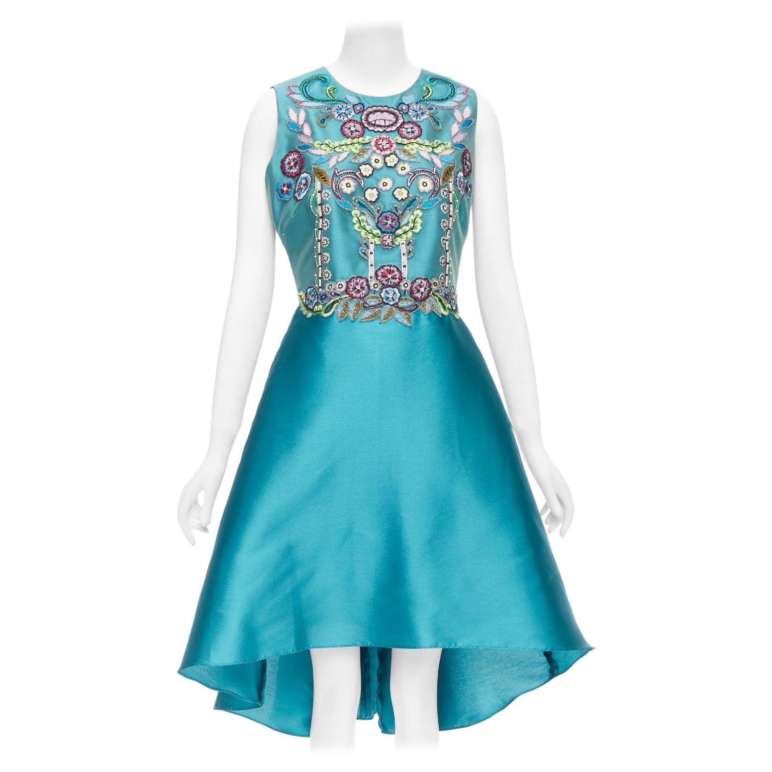 MARCHESA NOTTE Mikado Runway teal blue bead embroidery high low dress US6 M For Sale