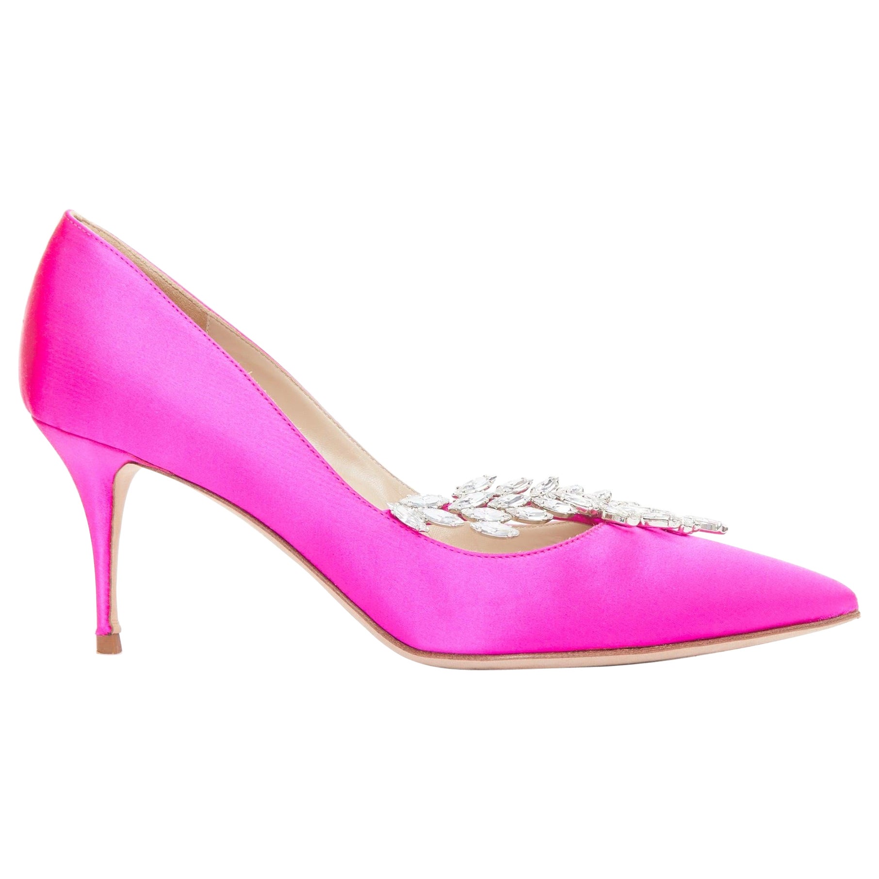 MANOLO BLAHNIK Nadira 75 Hot Pink Satin Silber Kristall Mid Pumps EU39 im Angebot