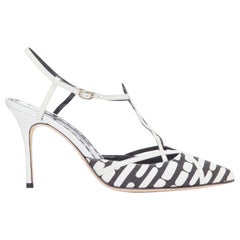 MANOLO BLAHNIK 2016 noir blanc toile cuir garniture talons à lanières EU39.5