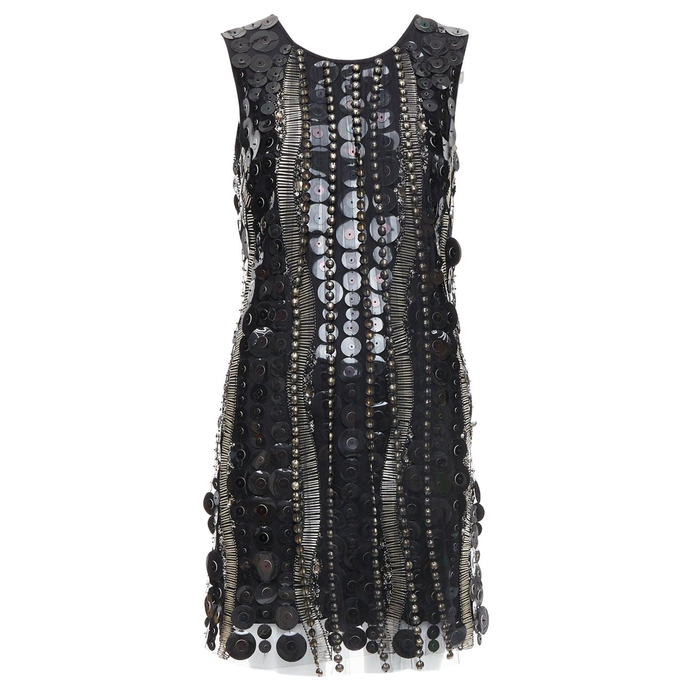 COLLETTE DINNIGAN Runway black jewelled pailettes party shift dress XS For Sale