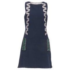 LANVIN 2015 navy cotton rhinestone embellished ribbon shift dress FR36 S