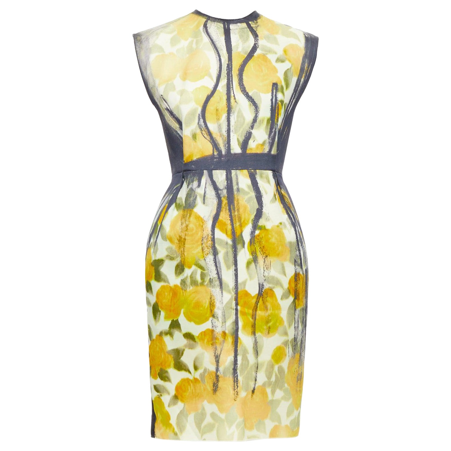 LANVIN Les 10 Ans giallo nero cotone seta stampa floreale vestito FR36 S A. Stone in vendita