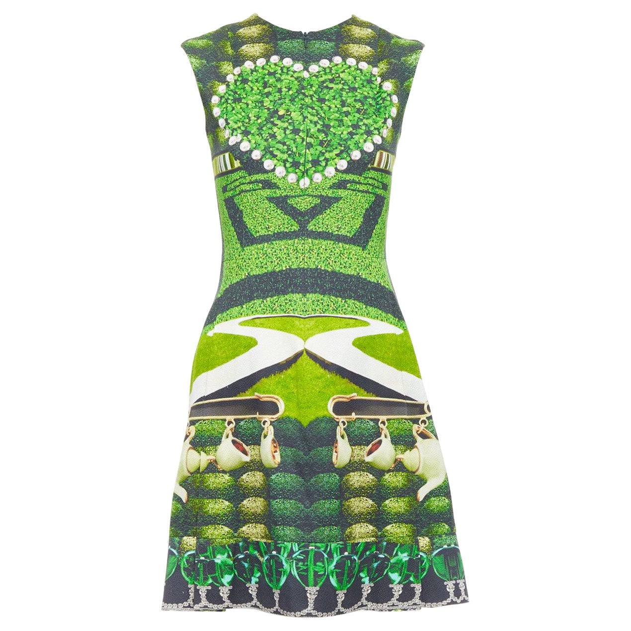 MARY KATRANTZOU 2012 Runway green heart garden party print shift dress UK10 M For Sale