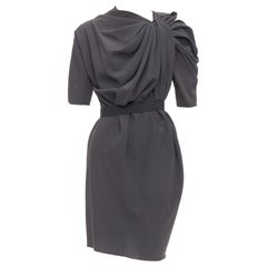 LANVIN 2009 abito grigio asimmetrico drappeggiato e arricciato con cintura FR34 XS
