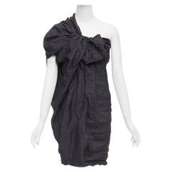 LANVIN 2011 black ramie metal blend one shoulder bow mini dress FR36 S