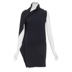 LANVIN 2010 black wool asymmetric zip drape mini dress FR36 S