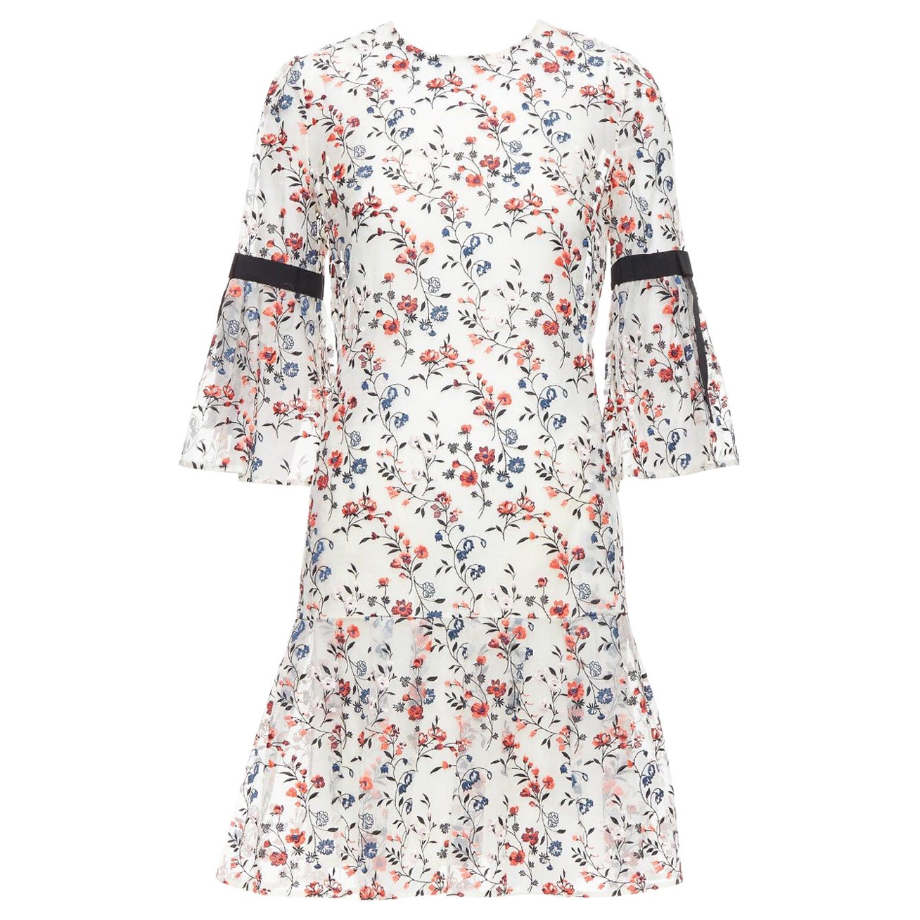 ERDEM Lissy 100% silk white red floral embroidered pleated dress UK8 S For Sale