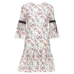ERDEM Lissy 100% Seide weiß rot floral besticktes plissiertes Kleid UK8 S