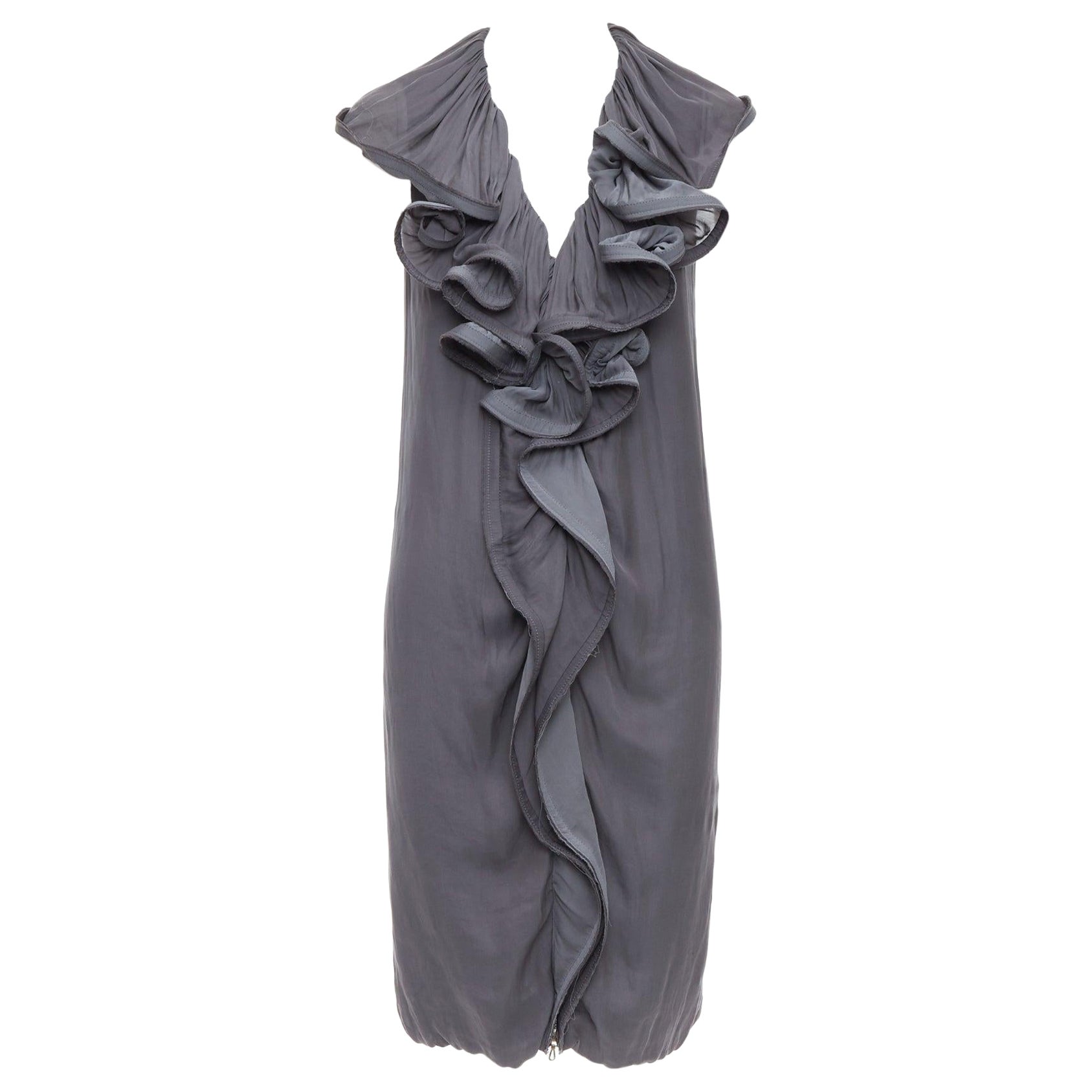 LANVIN 2008 grey silky trimmed ruffle collar V neck knee dress FR34 XS For Sale