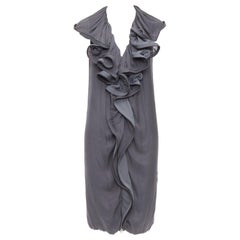 LANVIN 2008 Grau Seidenbesetztes Rüschenkragen V-Ausschnitt Kniekleid FR34 XS