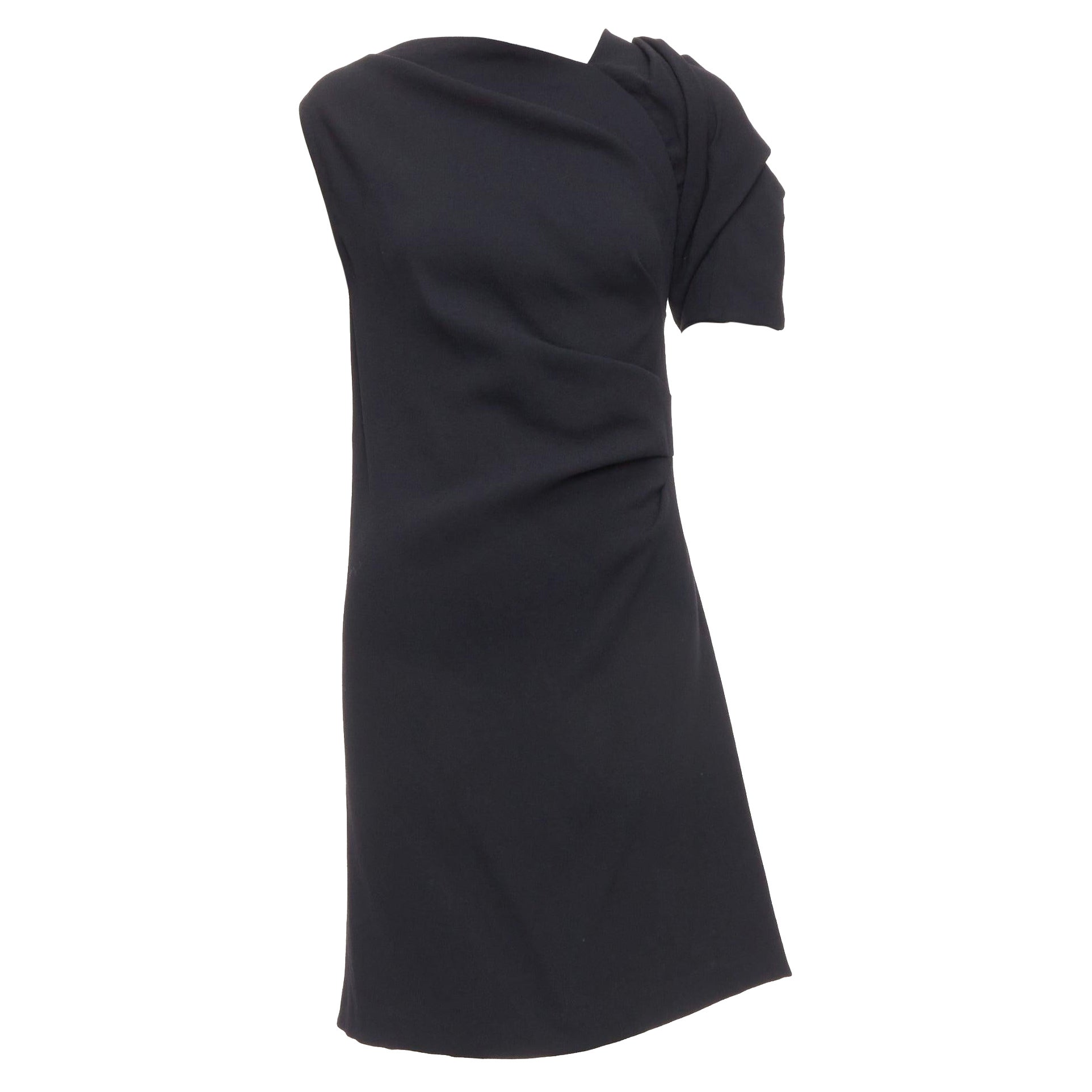 DRIES VAN NOTEN black wool blend asymmetric sleeve drape dress FR36 S For Sale