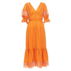 SELF PORTRAIT vestido midi de sarga satinada con ribete de encaje naranja quemado UK8 S