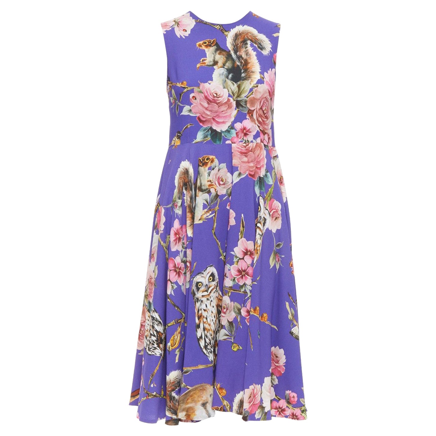 DOLCE GABBANA purple squirrel garden floral print cocktail dress IT36 XXS For Sale