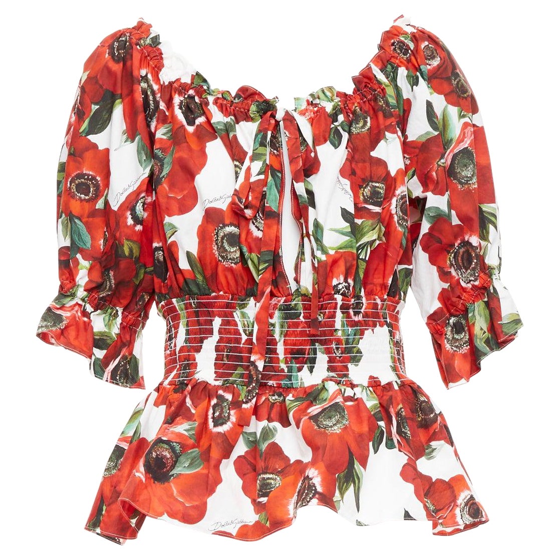 DOLCE GABBANA top peplum in popeline di cotone con stampa floreale anemone rosso IT48 XXL in vendita