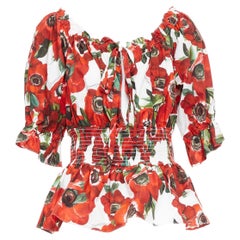 DOLCE GABBANA top peplum in popeline di cotone con stampa floreale anemone rosso IT48 XXL