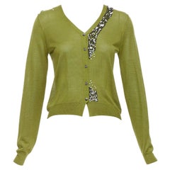 DRIES VAN NOTEN green silk linen bead applique cardigan sweater S