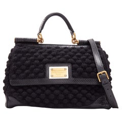 DOLCE GABBANA Miss Sicily black crochet scaled leather trim top handle bag