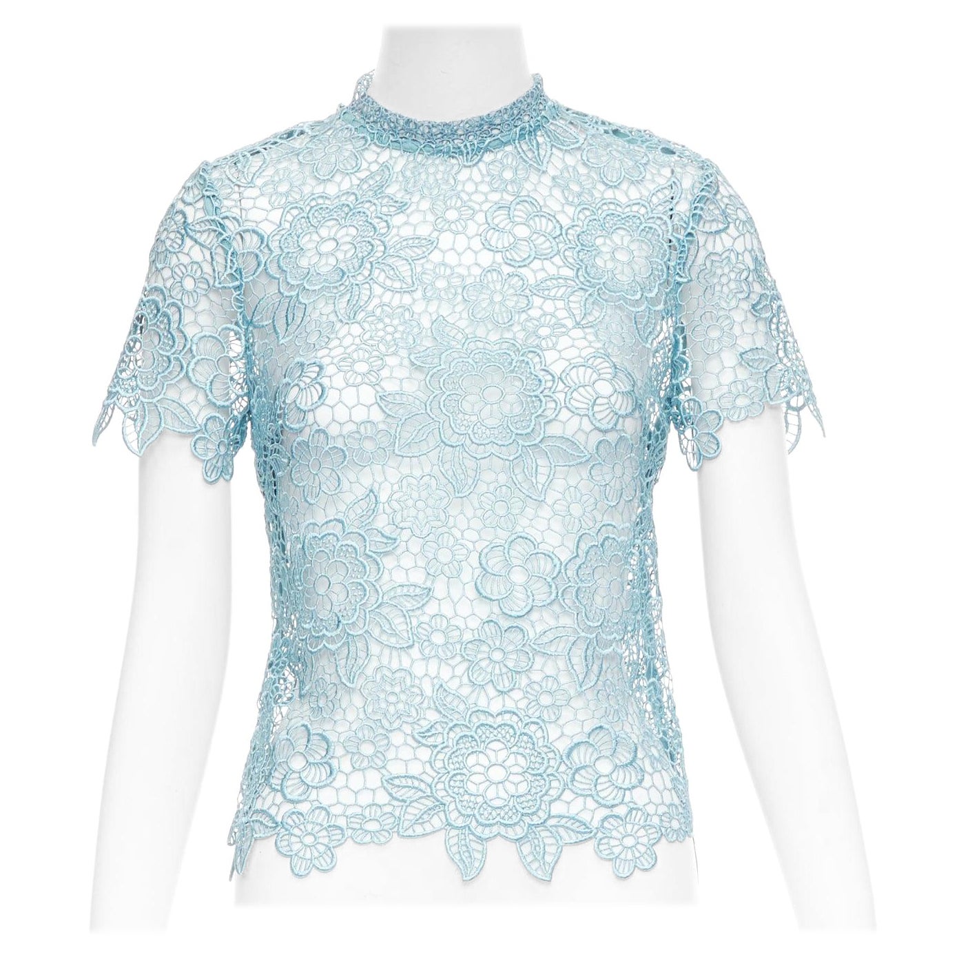 AUTORRETRATO Top de encaje de guipur azul cielo con espalda abierta y festón UK6 XS en venta