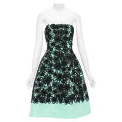 OSCAR DE LA RENTA 2016 Runway silk turquoise cocktail black overlay dress US4 S