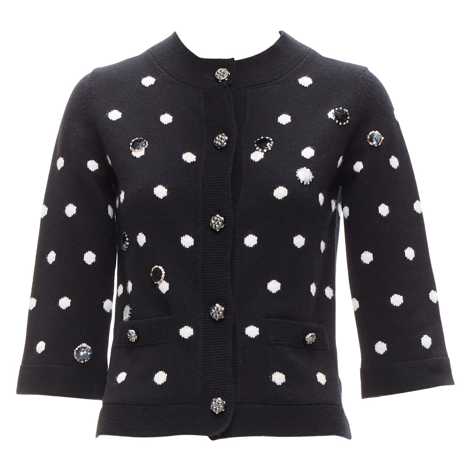 CHANEL 08A 100% cashmere silver embellished black polka dot cardigan FR34 XS For Sale