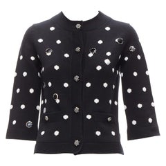 Chanel 08A 100% cashmere, cardigan a pois neri impreziosito dall'argento FR34 XS
