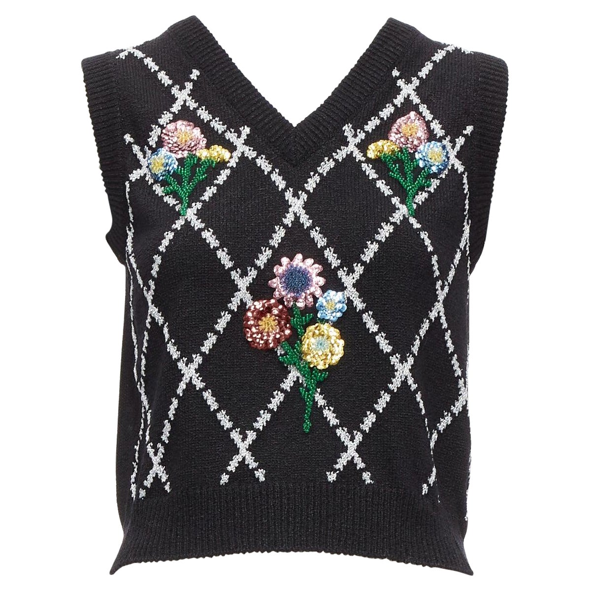 GUCCI black silver diamong argyle floral embellished sweater vest S For Sale