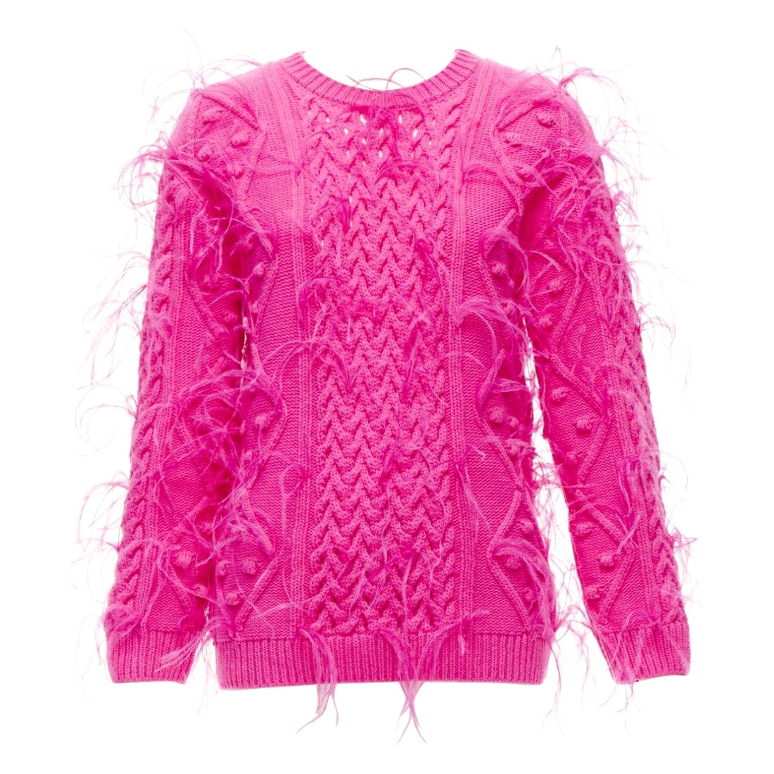rare VALENTINO PP Pink wool feather embellished mixed cable knit sweater XS For Sale