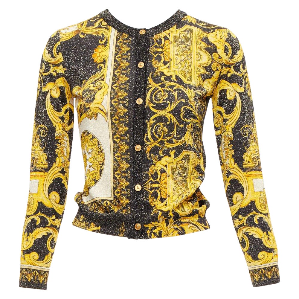 VERSACE  Barocco Tribute gold metallic lurex knit Medusa button cardigan IT38 XS For Sale