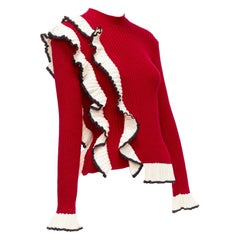 MSGM rote Wollmischung weißer Rüschenbesatz ausgestellte Manschette Rippenstrickpullover XS
