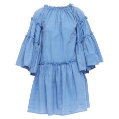 MSGM blue striped cotton blend flared sleeves drawstring dress IT38 XS