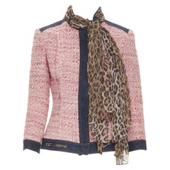 vintage DOLCE GABBANA pink tweed denim trimmed leopard scarf jacket IT42