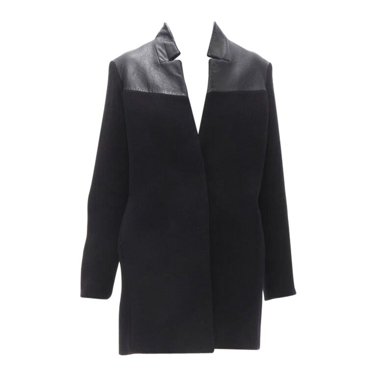 MAJE Sirop black calfskin leather trim wool collarless coat US2 S For Sale