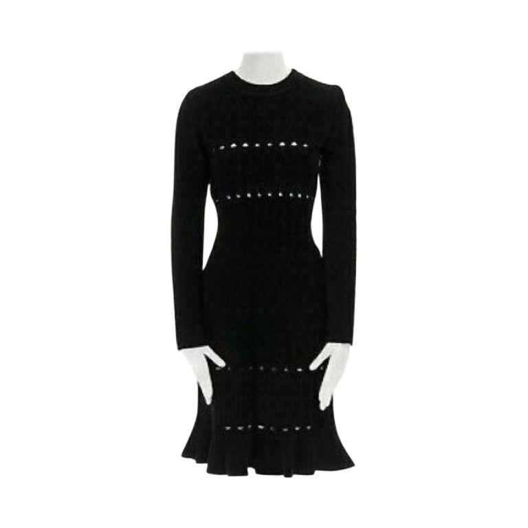 ALAIA black textured chenille cutout fluted hem bodycon dress US8 UK12 IT44 FR40 For Sale