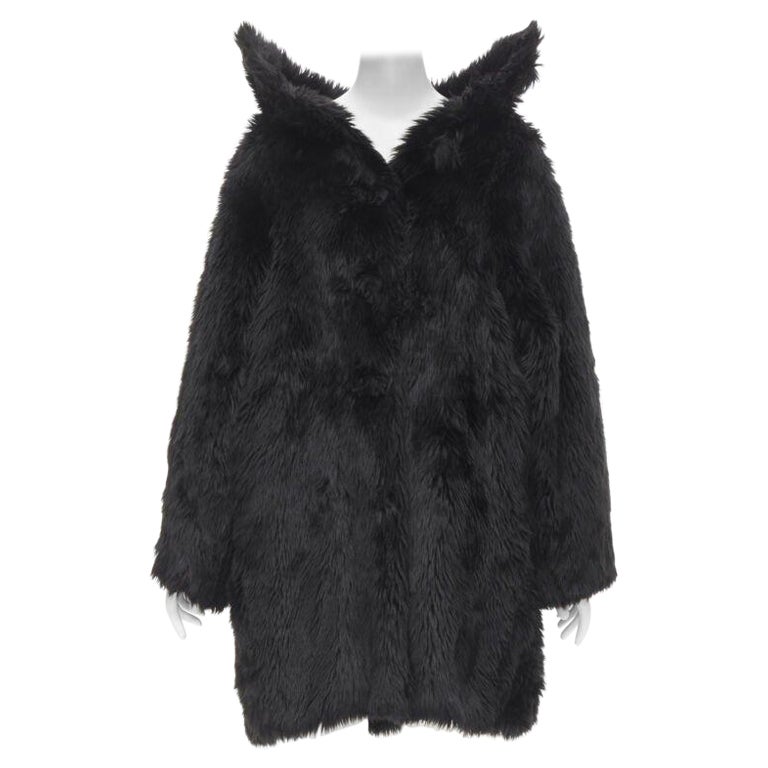runway BALENCIAGA Demna Runway black faux fur Swing off shoulder coat FR34 XS For Sale