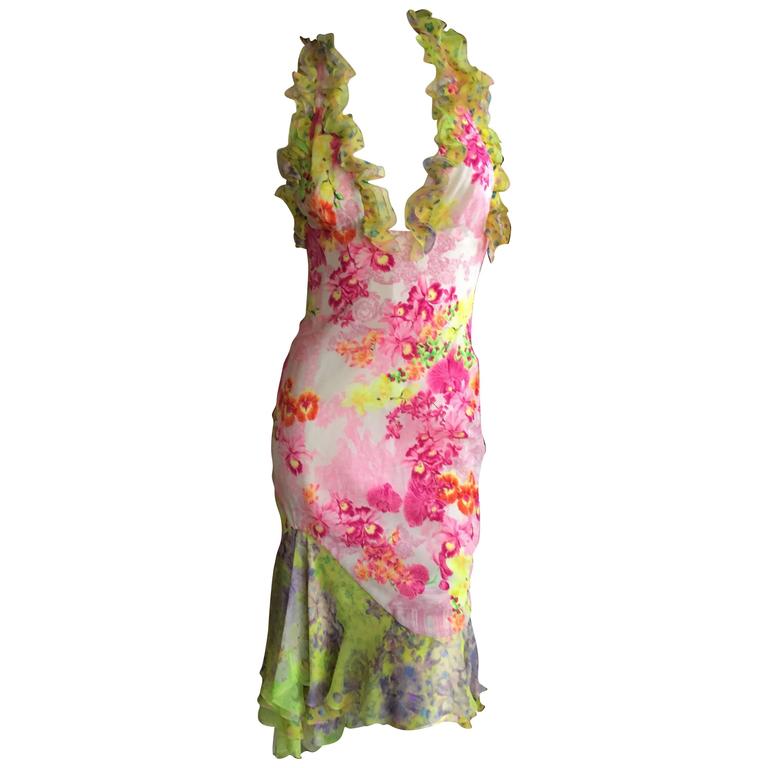 Versace Romantic Vintage Floral Ruffle Halter Dress For Sale at 1stDibs