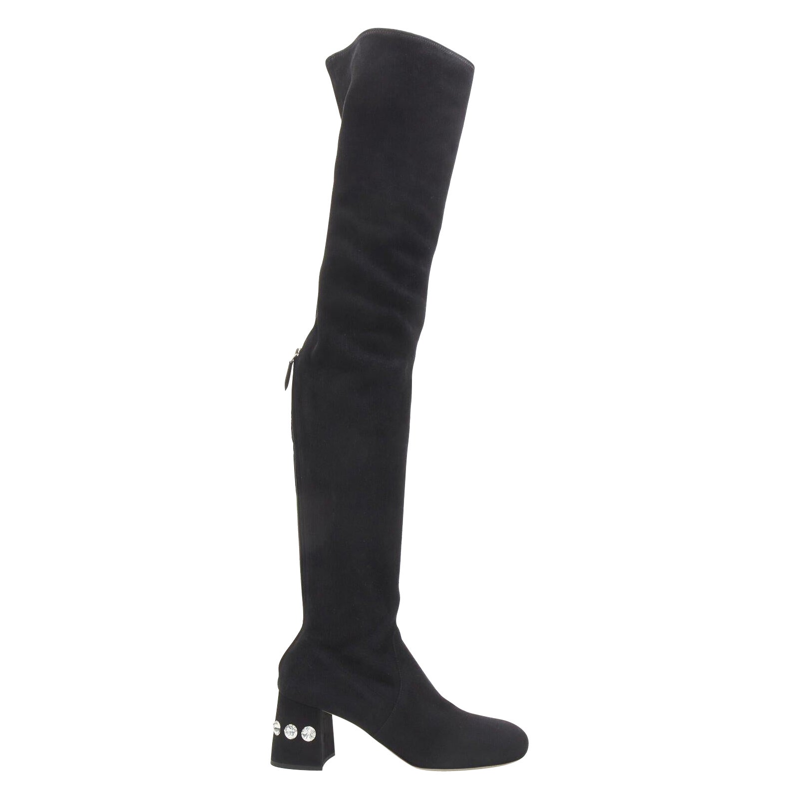 MIU MIU bottes à talon en daim noir ornées de cristaux et enfilées au dessus du genou EU37 en vente