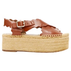 CHLOE dark brown scalloped edge gold buckle jute espadrille platform sandal EU36