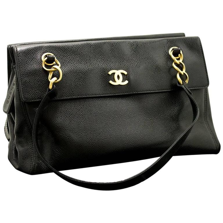CHANEL Caviar Chain Shoulder Bag Black Flap Zippered Leather Gold For ...