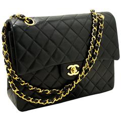 Vintage CHANEL Double Flap Chain Shoulder Bag Black Quilted Lambskin 
