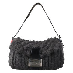 Fendi Baguette Bag Grey Crochet Knit Wool Pompom Shoulder Bag