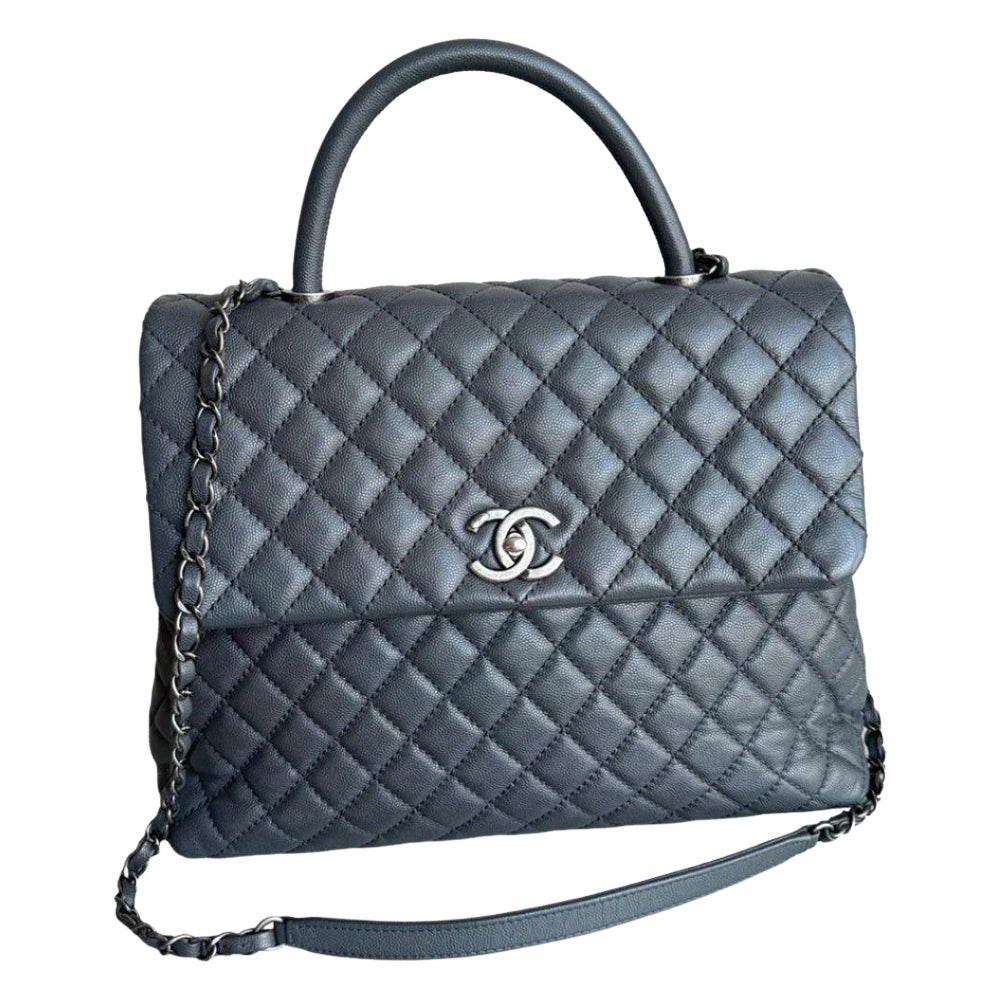 Chanel Coco Handle Maxi Grey Caviar Leather Silver Hardware 32cm, 2015-2016 For Sale