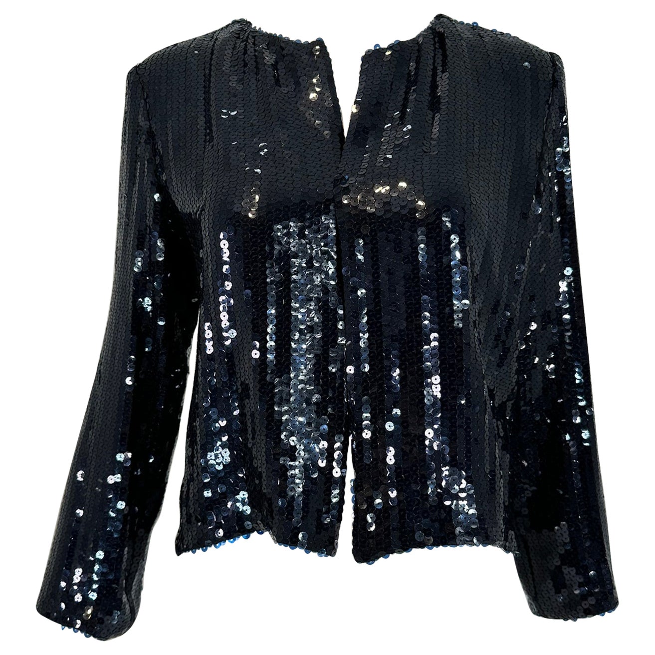 Nina Ricci Blue Sequin Blue Silk Open Front Evening Jacket Unworn with Tags 36 For Sale